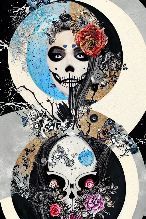 Image similar to Moon Goddess, contemporary, collage, minimalista style, digital painting, 4k, HDR, moon, skull, punk, steampunk, fashion, soft, vintage sharp focus, art by Sandra Chevrier, John Hoyland, teamLab