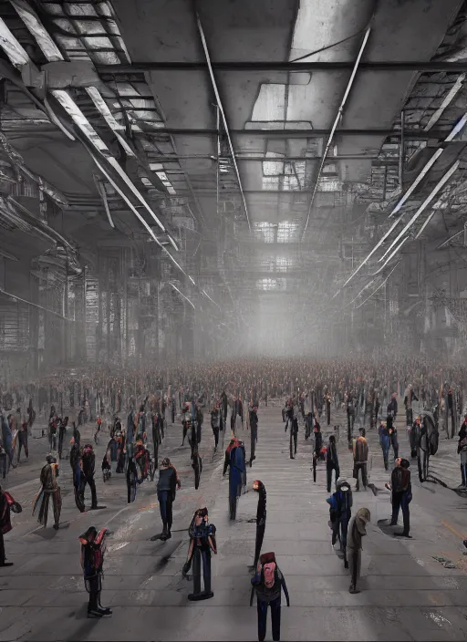 Image similar to a long queue of people standing in a huge underground dystopian factory, low camera angle, hyperdetailed, artstation, cgsociety, 8 k