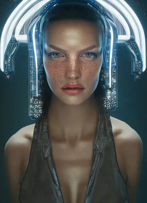 Image similar to an attractive caucasian female humanoid with freckles, cyber neon lighting, futurism, intricate futuristic jewelry accessories, cyberpunk high fashion, profile posing, hyper photorealistic, crispy quality, digital photography, trending in artstation, trending in pinterest, cinematic, 4 k ultra hd, art by pascal blanche, art by greg rutkowski,