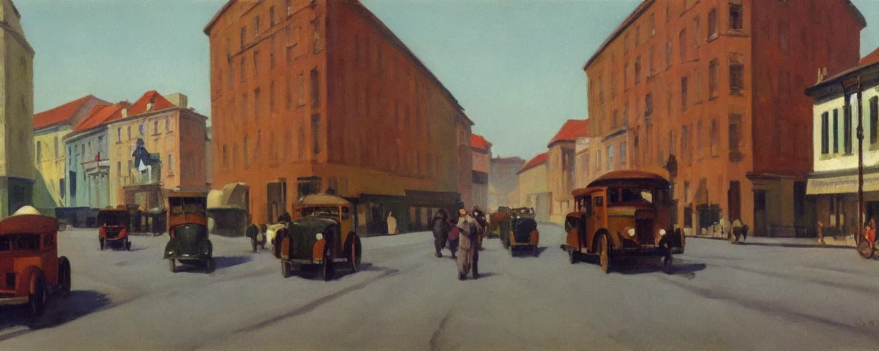 Prompt: an edward hopper style painting of a busy road of ( ( ( ( ( ( ( ( gyor ) ) ) ) ) ) ) ) in hungary, early - spring, march of 1 9 4 8