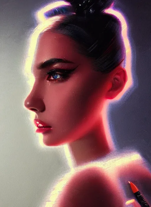 Image similar to photorealistic portrait of female humanoid, cyber neon lights, highly intricate, retro 6 0 s haute couture fashion, elegant, highly detailed, crispy quality, trending on artstation, trending on pinterest, glamor pose, no signature, no watermark, art by artgerm and greg rutkowski