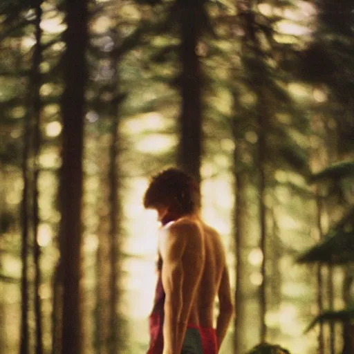 Prompt: close up kodak portra 4 0 0 photograph of a skinny guy standing in dark forest, face of flowers, moody lighting, telephoto, 9 0 s vibe, blurry background, vaporwave colors, faded!,