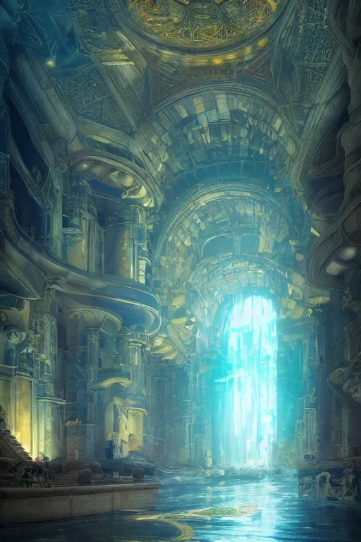 Image similar to inside of an atlantis palace, intricate, elegant, volumetric lighting, digital painting, highly detailed, artstation, sharp focus, illustration, concept art, ruan jia, steve mccurry