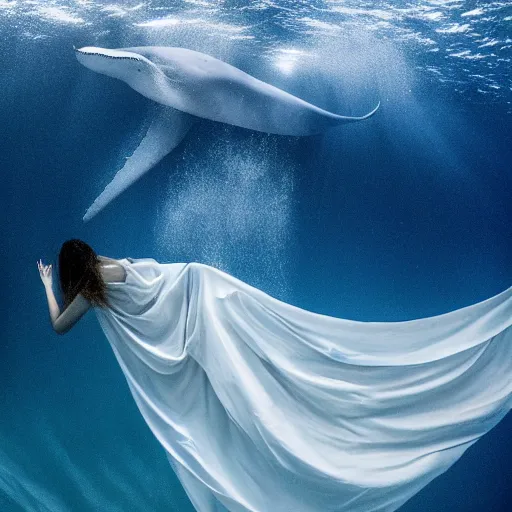 Image similar to underwater photo by national geographic and mort kunstler and annie leibovitz and monia merlo, a stunning blue whale completely covered in a long billowing flowing white sheet swimming through the ocean, backlit, 4 d, 4 k, volumetric lighting, photorealistic, light ray, hyperdetailed