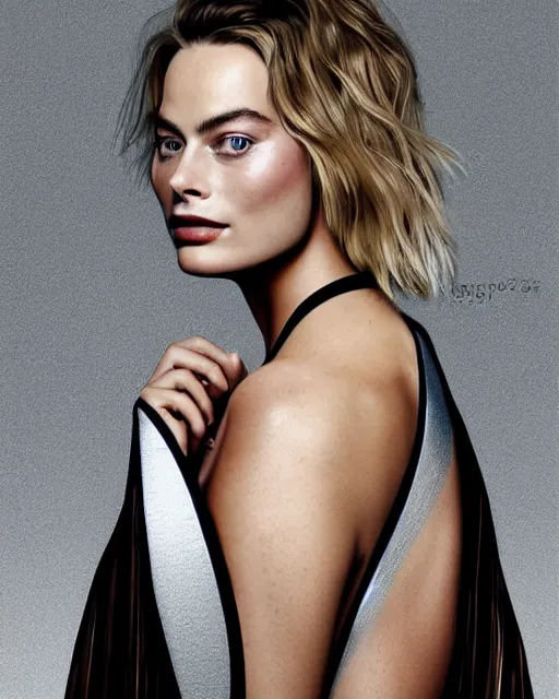 Image similar to margot robbie wearing a futuristic metal kimono, half body portrait, greg kutkowski, sharp details, soft brushstrokes, subsurface scattering, warm lighting