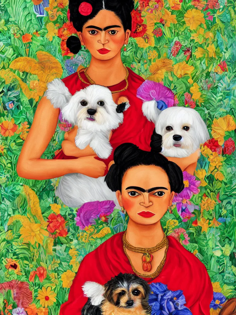 Image similar to portrait of a cream colored havanese dog dressed as frida kahlo, surreal background, naive art, by frida kahlo