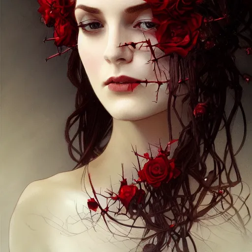 Prompt: portrait of very beautiful vampire, rose thorn crown, thorns everywhere, headshot, pale skin, 4k, rule of thirds, extreme detail, detailed drawing, trending artstation, hd, fantasy, D&D, realistic lighting, by Alphonse Mucha, Greg Rutkowski, sharp focus, backlit, velvet hair, elegant