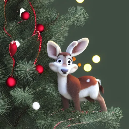 Prompt: cute baby reindeer zootopia style 3d render on winter christmas tree background 4k