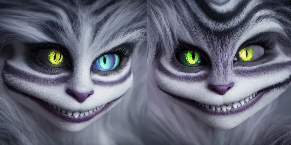 Image similar to vanishing cheshire cat, volumetric lighting, wispy fog, vanishing, diaspora, modelsociety, radiant skin, huge anime eyes, rtx on, perfect face, intricate, sony a 7 r iv, symmetric balance, polarizing filter, photolab, lightroom, 4 k, dolby vision, photography award