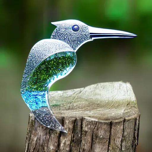 Image similar to a real life kingfisher made out of reflective crystal and very reflective polished metal, in the background is a forest, product photography