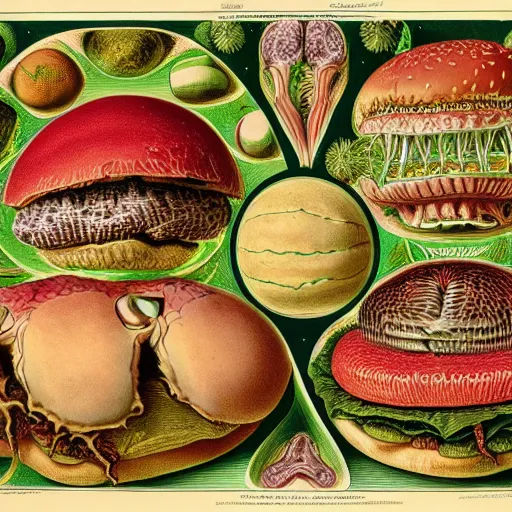 Image similar to hamburger anatomy by ernst haeckel, masterpiece, vivid, very detailed