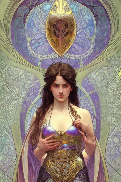 Image similar to a young woman wearing iridescent art nouveau armor symmetrical portrait, character concept art, art nouveau oilpainting, trending in artstation, cgsociety, by Donato Giancola, Alphonse Mucha, Artgerm and William Bouguereau