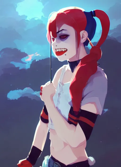 Image similar to portrait of harley quinn, cloudy sky background lush landscape illustration concept art anime key visual trending pixiv fanbox by wlop and greg rutkowski and makoto shinkai and studio ghibli