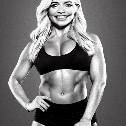 Image similar to holly Willoughby with the physique of a body builder, hyper realistic, ultra detailed, cinematic, dynamic lighting, photorealistic, refined, intricate, digital art, digital painting, masterpiece, 8k