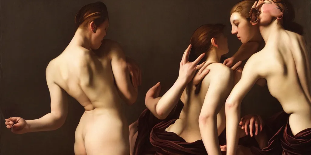 Image similar to beautiful oil matte portrait painting, multiple arms legs and torsos intertwined, wonderful masterpiece highly detailed, beautiful cinematic light deep focus, elegant, digital painting, smooth, sharp focus, golden ratio, dramatic illumination, ultra realistic, 8 k, art by artemisia lomi gentileschi and caravaggio