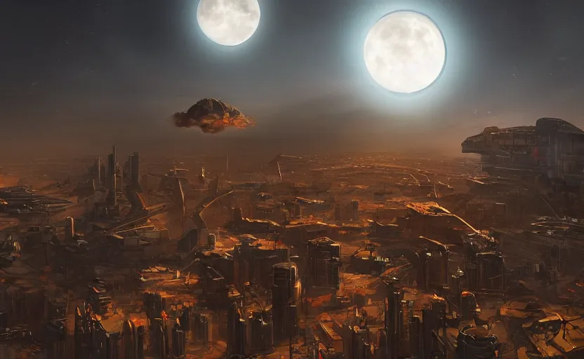 Image similar to digital sci-fi painting of a gigantic black sphere floating over the city, concept art, beautiful moonlit lighting, golden hour, 4k trending on artstation