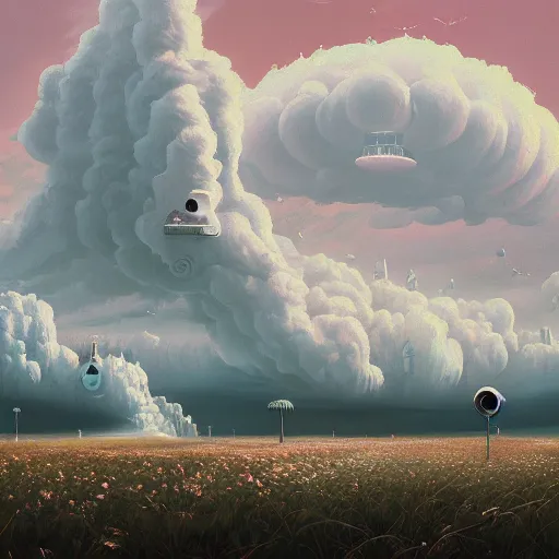 Image similar to beautiful painting of a landscape of glitched cloud ramifications and alien white monuments blossoming in the style of Simon Stålenhag and H. R. Giger, detailed, trending on Artstation