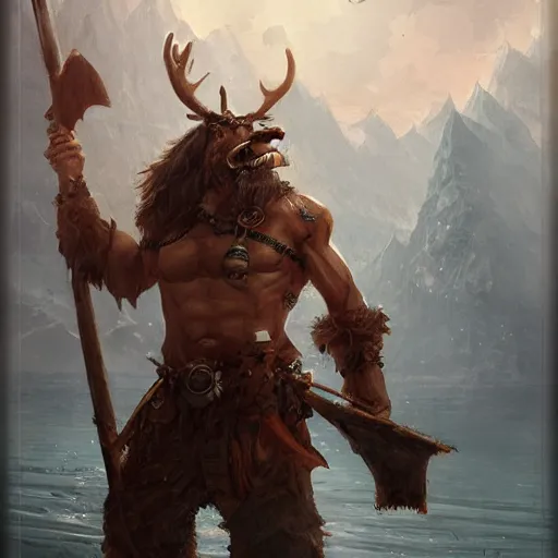 Image similar to anthropomorphic moose barbarian pirate humanoid by greg rutkowski, ship, sea, fantasy