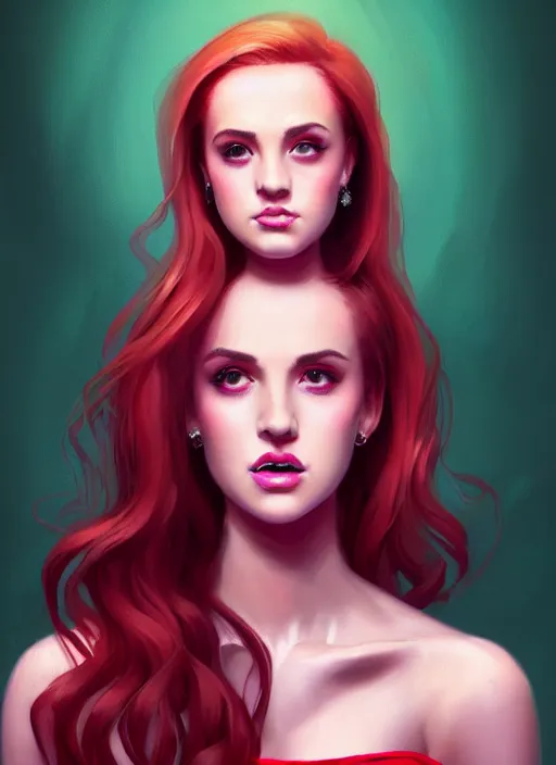 Image similar to full body portrait of teenage cheryl blossom, bangs, green eyes, sultry expression, red hair, sultry smirk, bangs and wavy hair, pink skirt, intricate, elegant, glowing lights, highly detailed, digital painting, artstation, concept art, smooth, sharp focus, illustration, art by wlop, mars ravelo and greg rutkowski