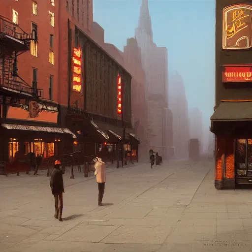 Prompt: a matte painting of nyc streets of soho in year 2 0 1 8, matte painting, dusk, fashion, by rozalski and peter ilsted, artstation