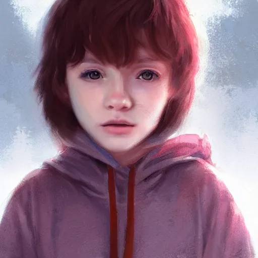 Image similar to a cute tiny girl with short red hair wearing a hoodie, digital art, very beautiful face, pretty face, very detailed eyes, full body illustration, 8 k resolution, soft painting, by greg rutkowski, wlop, rossdraws,