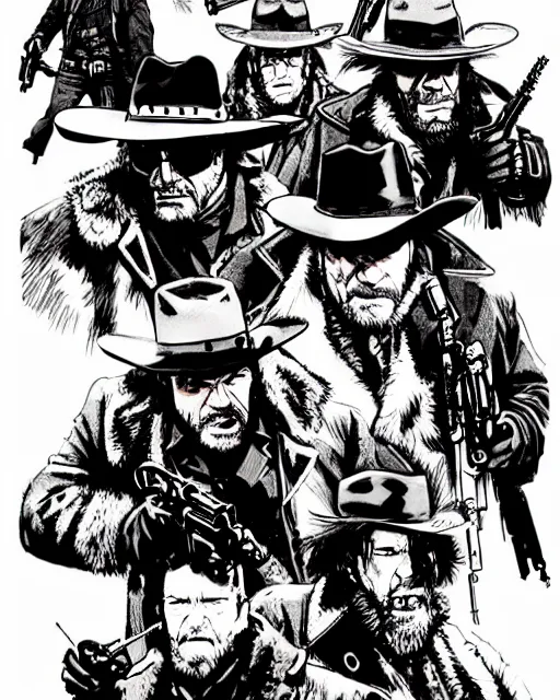 Image similar to epic action gunfight scene from The Hateful Eight by Quentin Tarantino in style by Dave Gibbons and Yoji Shinkawa, trending on artstation, details, intricate, 4k, perfect faces