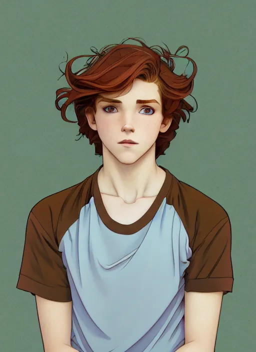 Image similar to art nouveau portrait of a teen boy with completely straight auburn hair, light blue eyes, pale skin, freckles, sad expression, t - shirt, modern casual clothing, natural lighting, path traced, highly detailed, high quality, cartoon, digital painting, by don bluth and ross tran and studio ghibli and alphonse mucha