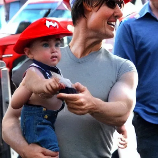 Prompt: tom cruise wearing mario's hat and overalls