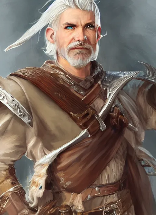 Image similar to tristan fulcher livedoce young man with short white fringe white hair and moustache, dndbeyond, bright, colourful, realistic, dnd character portrait, full body, pathfinder, pinterest, art by ralph horsley, dnd, rpg, lotr game design fanart by concept art, behance hd, artstation, deviantart, hdr render in unreal engine 5