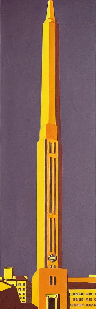 Prompt: a painting of Coughlin Campanile, golden hour, an art deco painting by Grant Wood, featured on behance, american scene painting, movie poster, poster art, concert poster