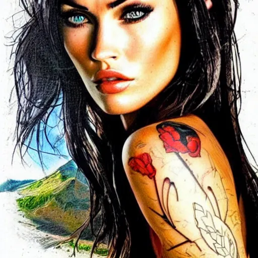 Image similar to tattoo design sketch of megan fox mash up effect with beautiful mountain scenery, in the style of matteo pasqualin, amazing detail