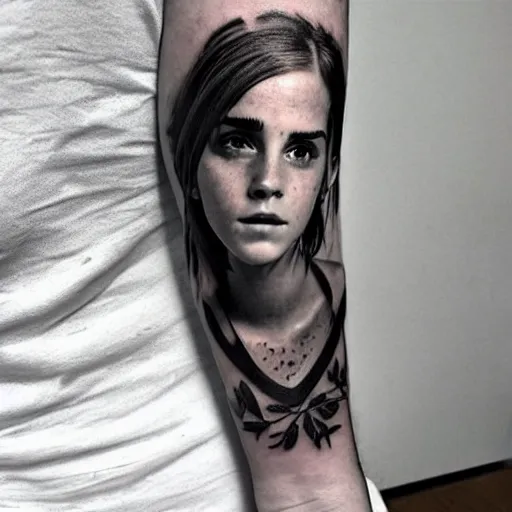 Prompt: man with tattoo of emma watson on arm back