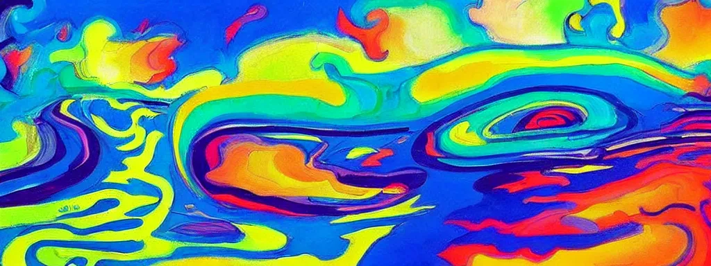 Prompt: Psychedelic sci-fi dreamworld. Landscape painting. Organic. Winding rushing water. Waves. Clouds. Peter Max.