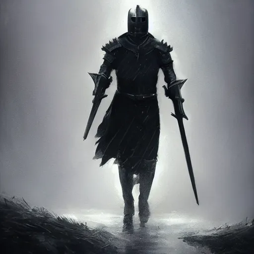 Image similar to black style knight looking like vladimir putin with a powerful weapon, fog, dramatic lighting, cinematic composition, a fantasy digital painting by greg rutkowski and james gurney, trending on artstation, highly detailed, hyperrealistic, realistic, photorealistic, dynamic lighting, highly detailed, cinematic landscape, studio lighting