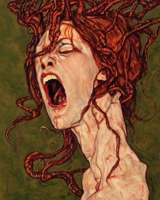 Image similar to portrait of screaming medusa by greg rutkowski in the style of egon schiele