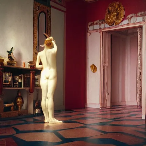 Image similar to a goddess in a liminal room, film still by wes anderson, depicted by canova, limited color palette, very intricate, art nouveau, highly detailed, lights by hopper, soft pastel colors, minimalist