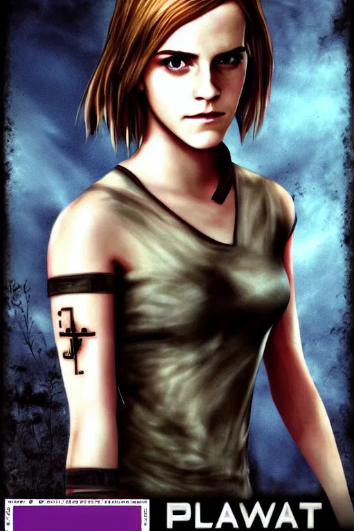 Prompt: emma watson, survival horror, playstation 2 game box keyart