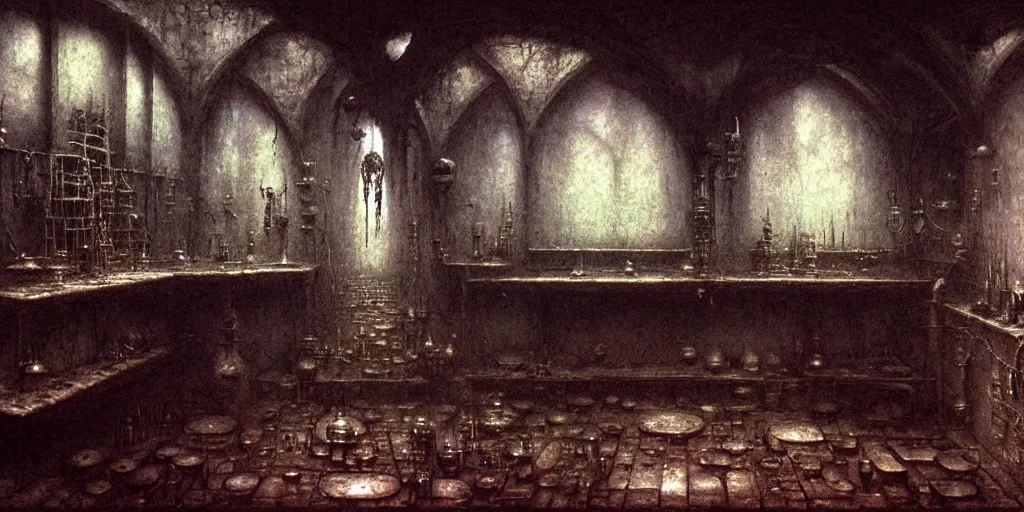 Image similar to detailed laboratory of alchemist and dark mage, room of necromancer by Beksinski, Luis Royo