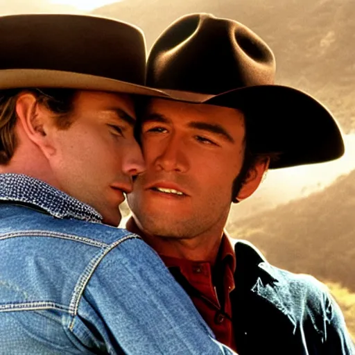 Image similar to the main characters of brokeback mountain are having a romantic moment