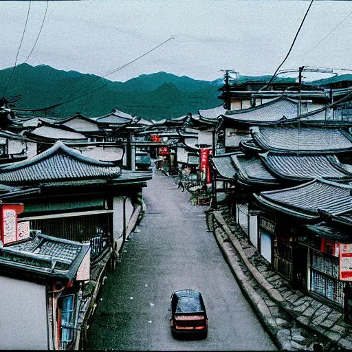 Image similar to a 90s grainy photograph of a japanese town, afternoon