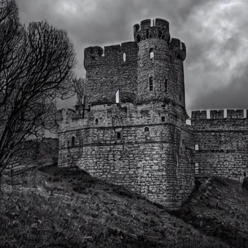 Image similar to looming castle under a cloudy sky where nary a ray escapes the god's frown