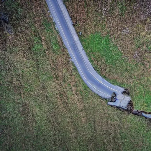Prompt: drone fottage of an old abandoned road
