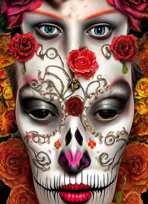 Prompt: dia de los muertos theme surrealist art in the styles of igor morski, jim warren, and giuseppe mastromatteo, intricate, hyperrealistic, accurate facial details, profile picture with chromakey!!!!! background, volumetric lighting