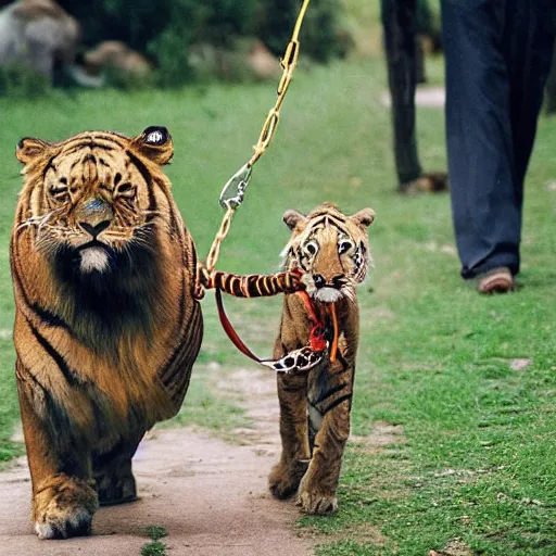 Prompt: A man in a lion costume walking a tiger on a leash, photo by steve mccurry