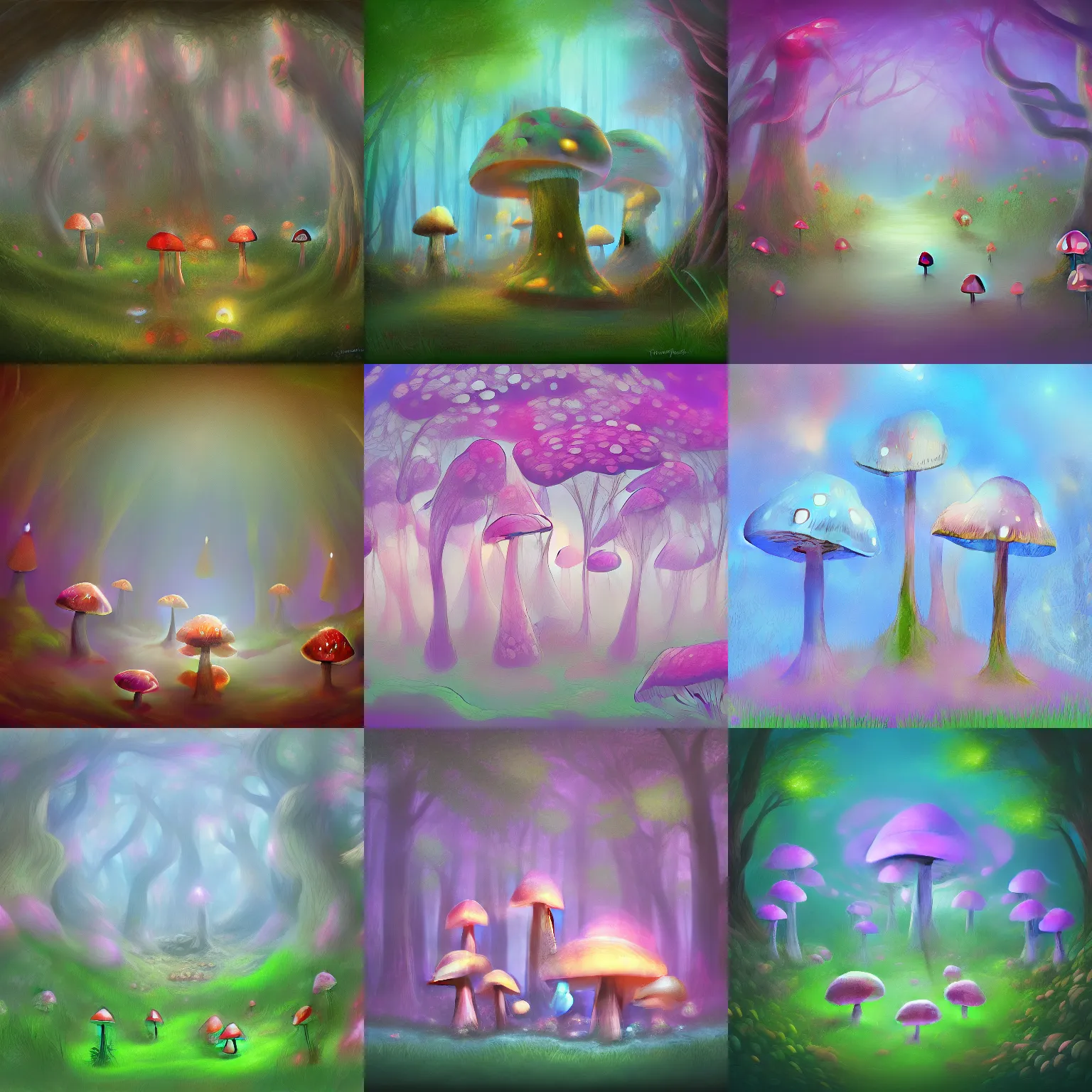 Prompt: magical mushroom forest, digital drawing, fantasycore, paintpro, artstation award winning, cozy, soft colors