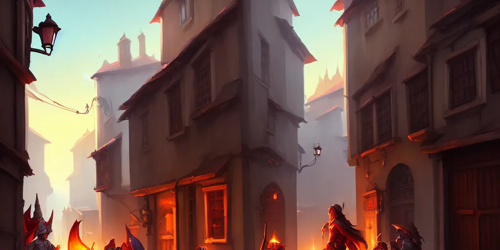 Prompt: an exciting fantasy street battle within a fascinating old city, narrow streets, old buildings, by Sylvain Sarrailh, cinematic, simple but effective composition, clean lines, beautiful digital painting, oil painting, dungeons and dragons, lord of the rings