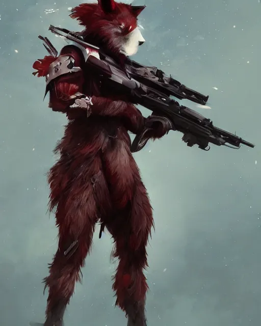 Image similar to beautiful portrait of a handsome black male anthropomorphic wolf fursona red hair, long red hair wearing destiny 2 armor and holding a sniper rifle. character design by cory loftis, fenghua zhong, ryohei hase, ismail inceoglu and ruan jia. artstation, volumetric light, highly detailed, photorealistic, fantasy, rendered in octane