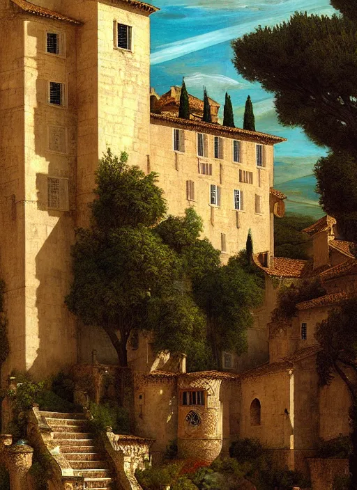 Image similar to lourmarin chateau in provence pattern texture, elegant, peaceful, hyper realistic, extremely detailed, dnd art, fantasy art, intricate fantasy painting, dramatic lighting, vivid colors, deviant art, artstation, by edgar maxence and caravaggio and michael whelan and delacroix.