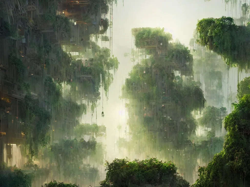 Image similar to the green city of babylon with its wonderful hanging gardens at dawn, intricate, elegant, volumetric lighting, digital painting, highly detailed, artstation, sharp focus, illustration, concept art, ruan jia, steve mccurry