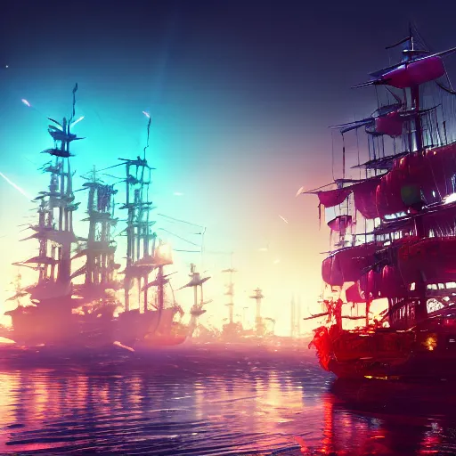 Image similar to high quality photo of a pirate ship in a cyberpunk cyberpunk cyberpunk city, realism, 8k, award winning photo